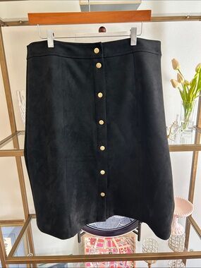 LOFT Black A-Line Faux Suede Skirt with Gold Snap Front